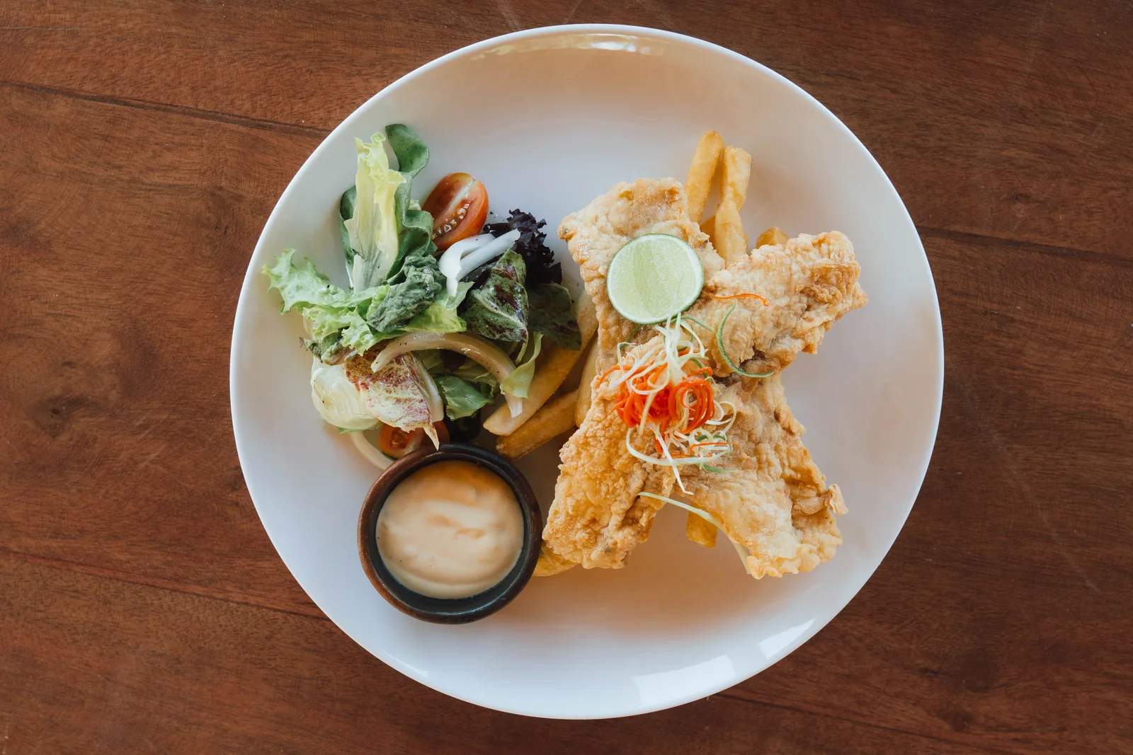 Fried fish and chips, top down