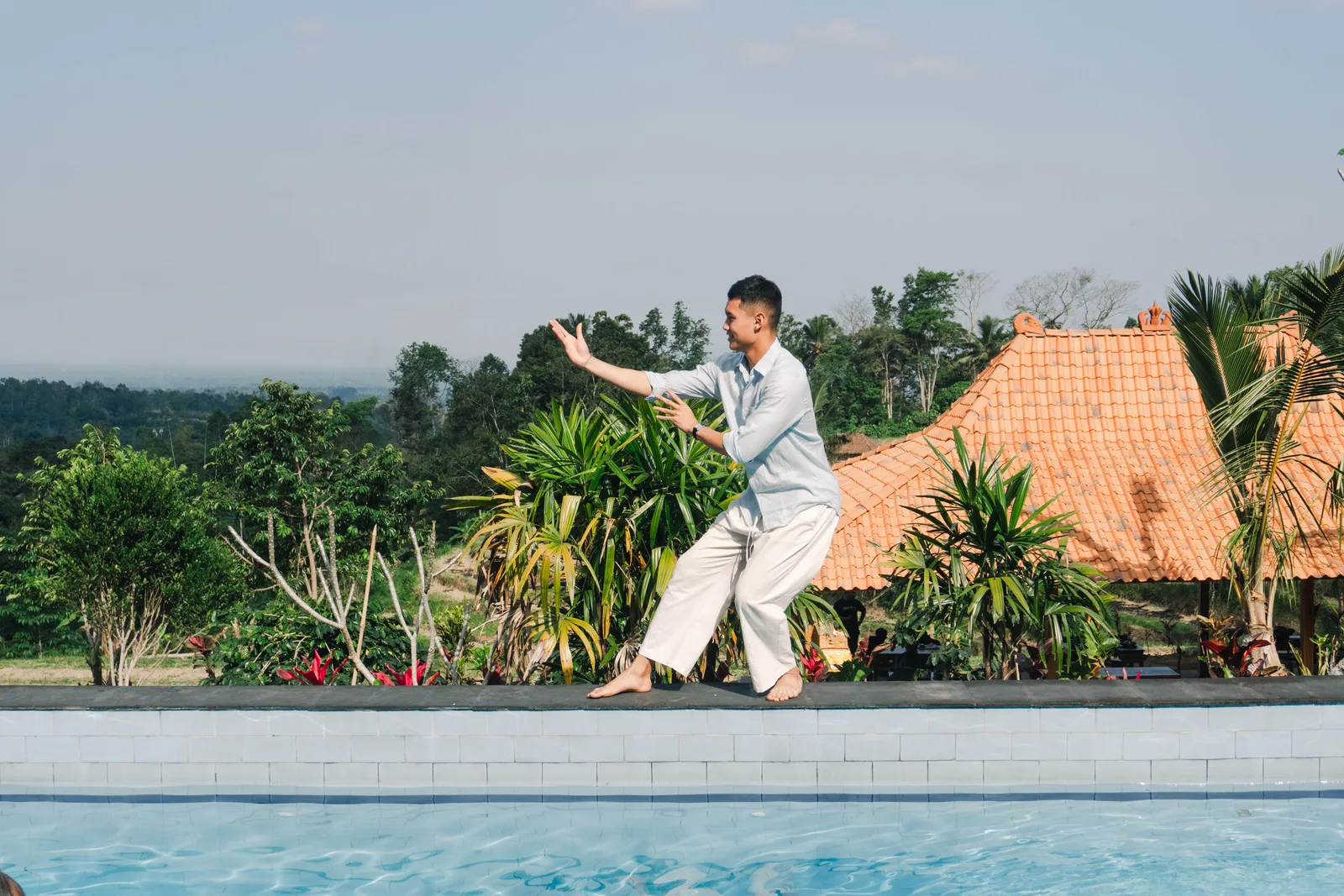 Morning stretch by the pool