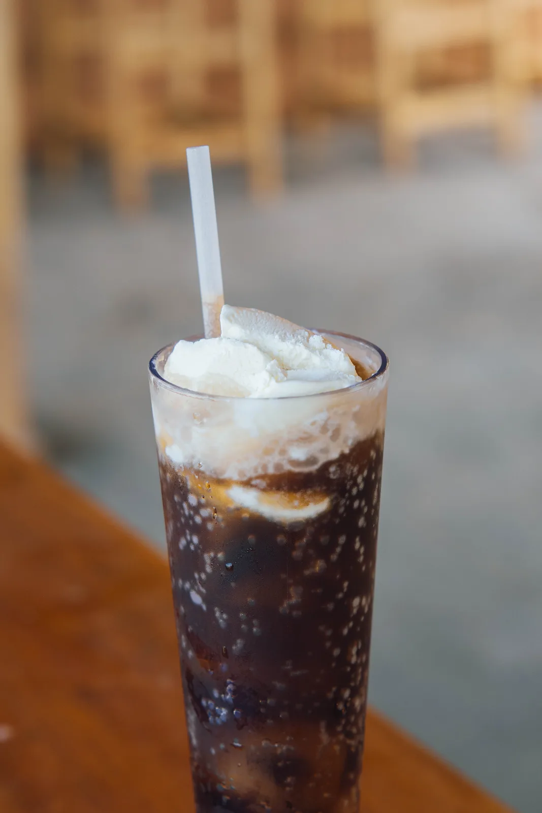 Root beer float, close up
